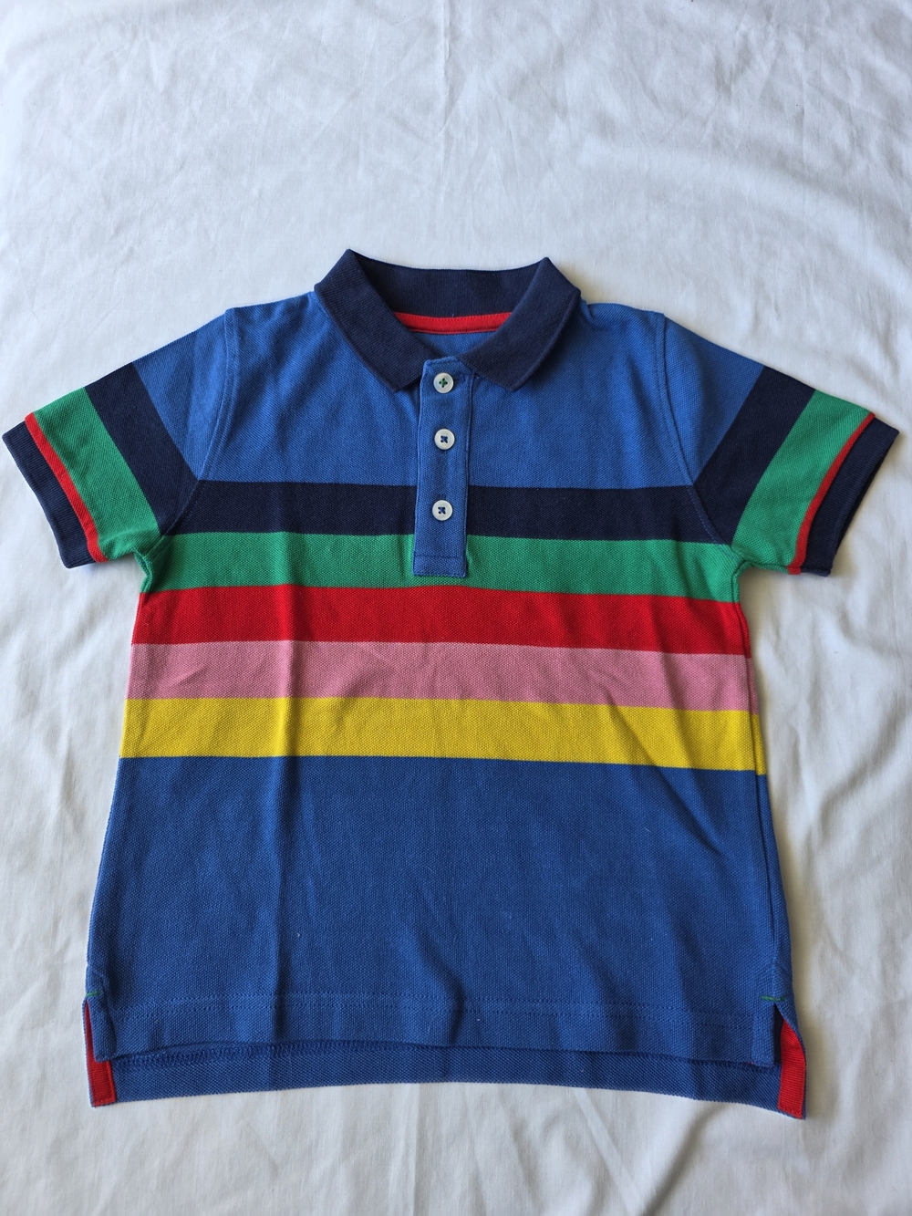 Boden Blue Polo with Red, Green, Pink & Yellow Stripes
